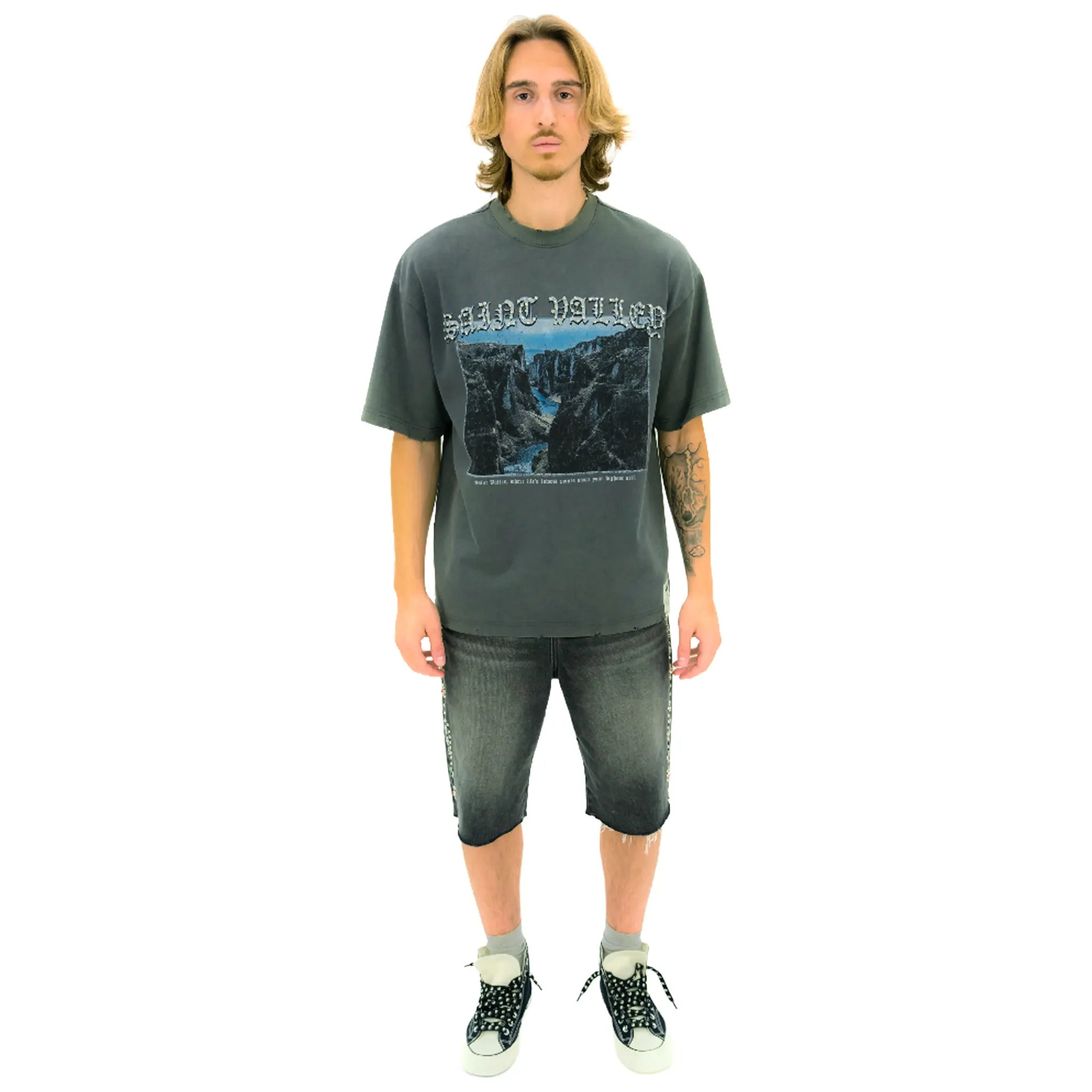 Front View of Suavo World Stud Washed Black Denim Shorts